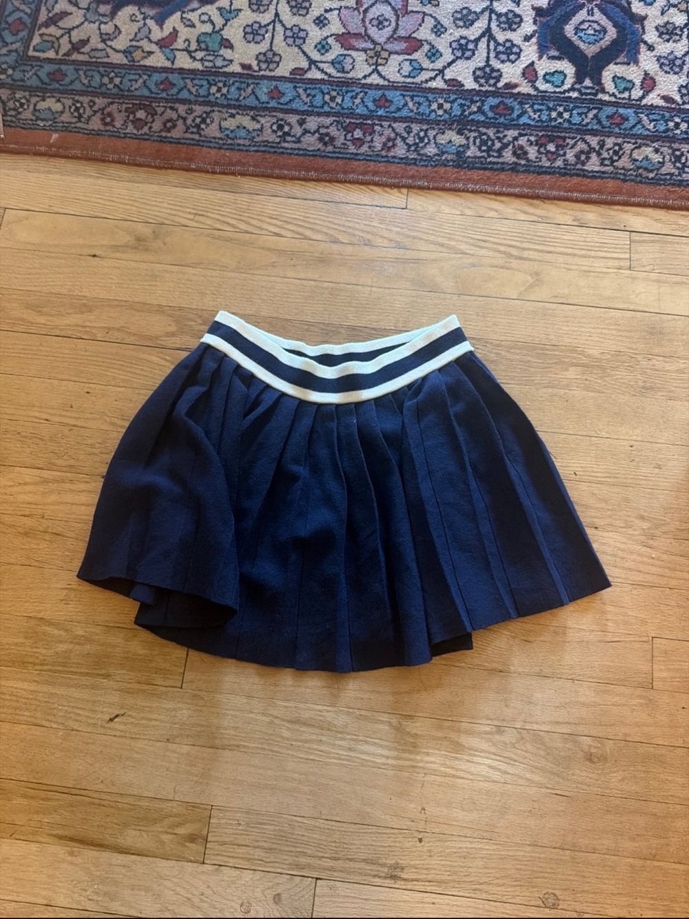 aerie Navy Pleated Skater Skirt with White Striped Waistband